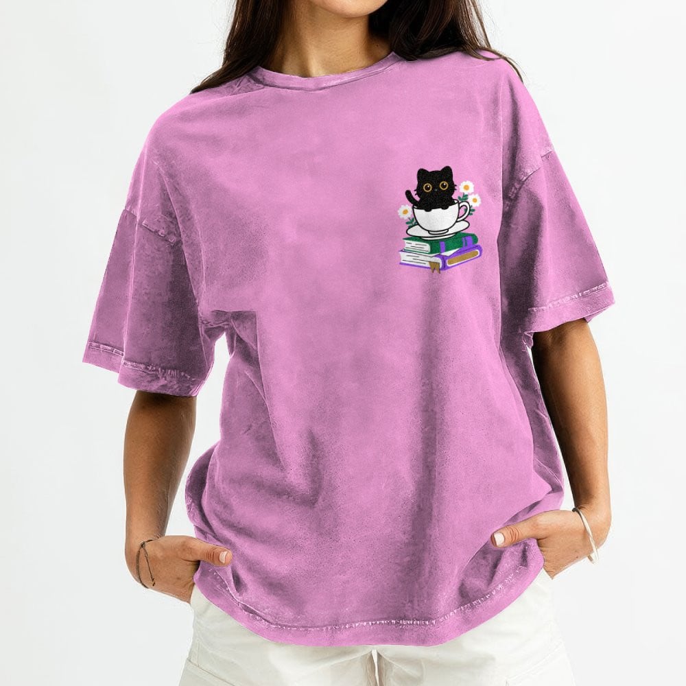 Cute Cat With Coffee And Book Embroidered Washed Shirt For Book Lovers