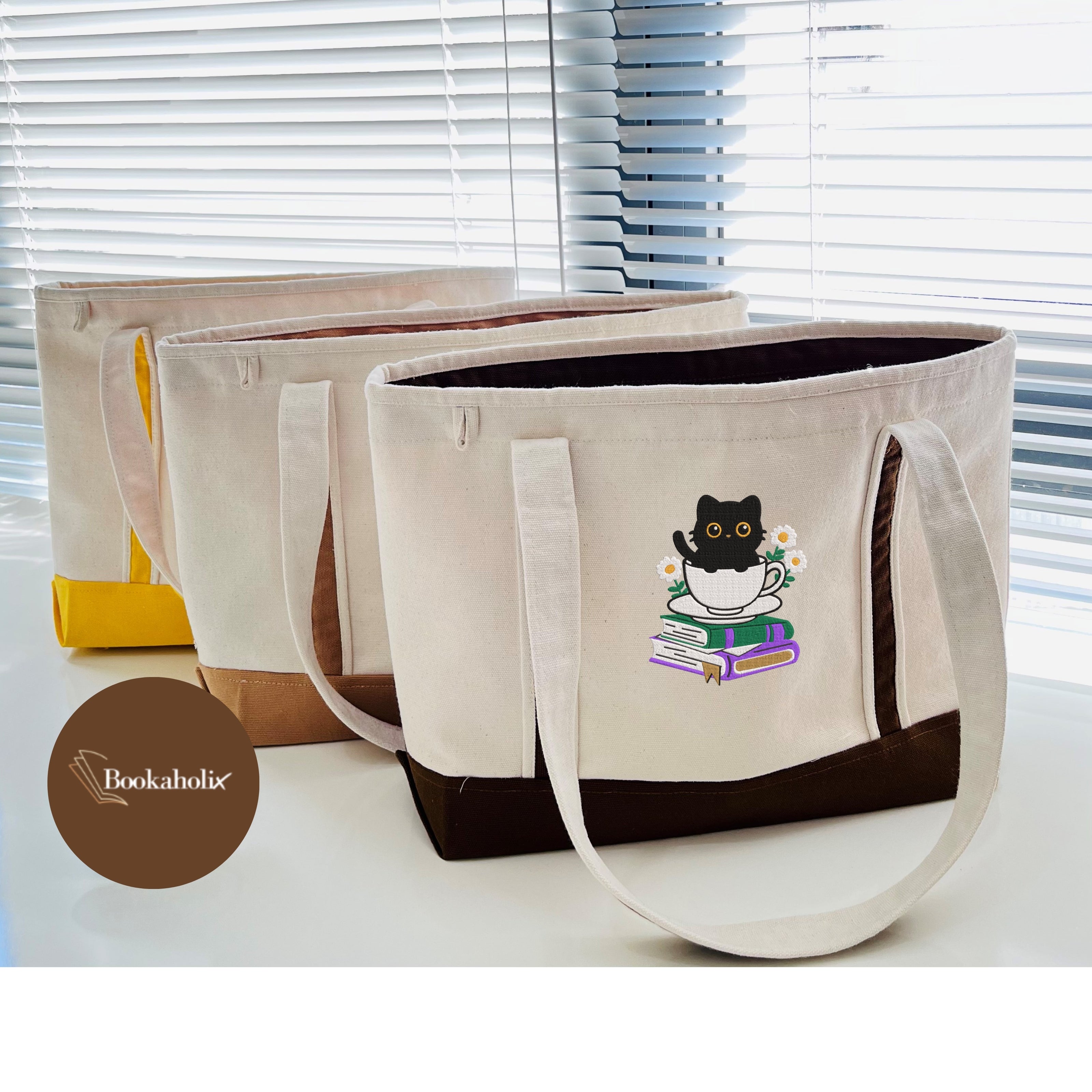 Cute Cat With Coffee And Book Embroidered Tote Bag For Book Lovers