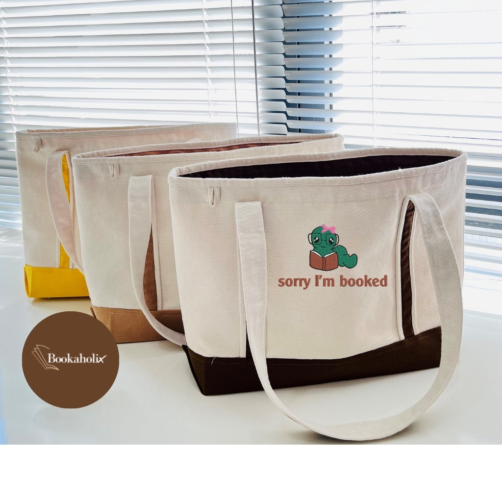 Bookworm - Sorry I'm Booked Embroidered Tote Bag For Book Lovers