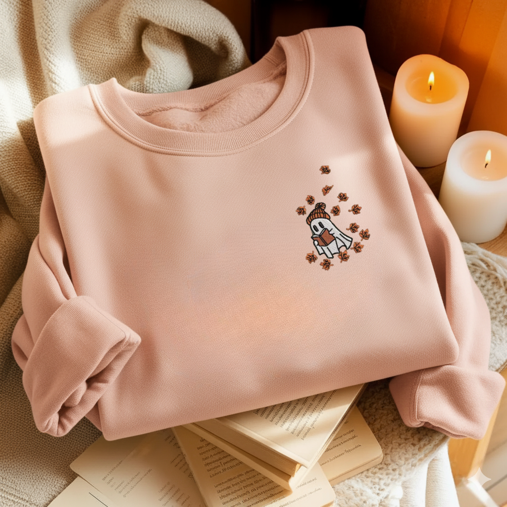 Cute Ghost Reading In Autumn Embroidered Sweatshirt For Book Lovers