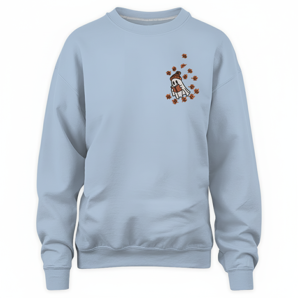 Cute Ghost Reading In Autumn Embroidered Sweatshirt For Book Lovers