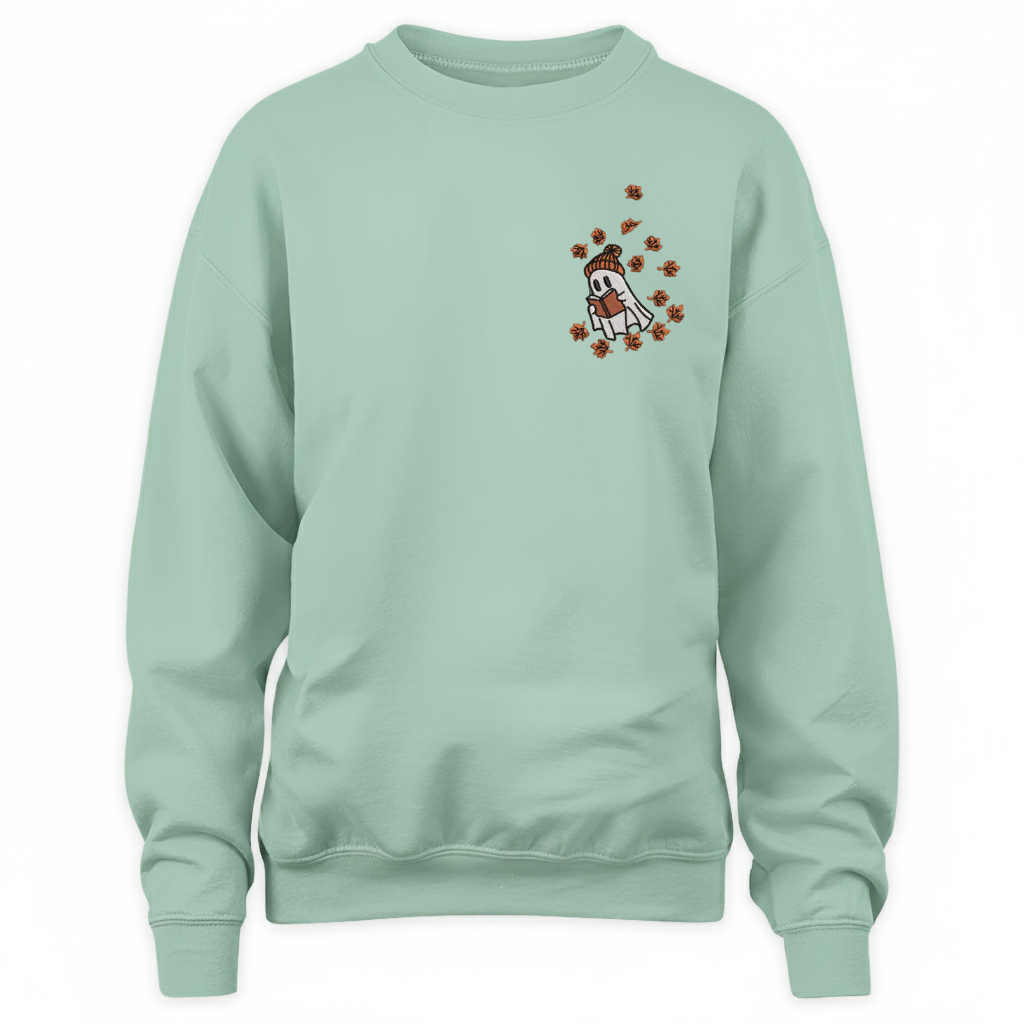Cute Ghost Reading In Autumn Embroidered Sweatshirt For Book Lovers