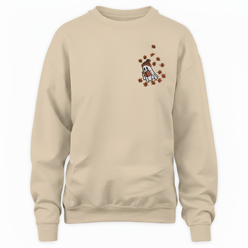 Cute Ghost Reading In Autumn Embroidered Sweatshirt For Book Lovers