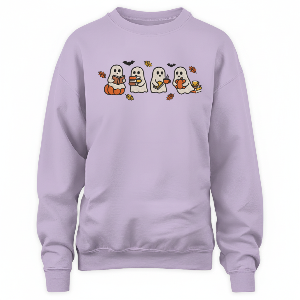 Cute Halloween Ghosts Reading Books Embroidered Sweatshirt For Book Lovers