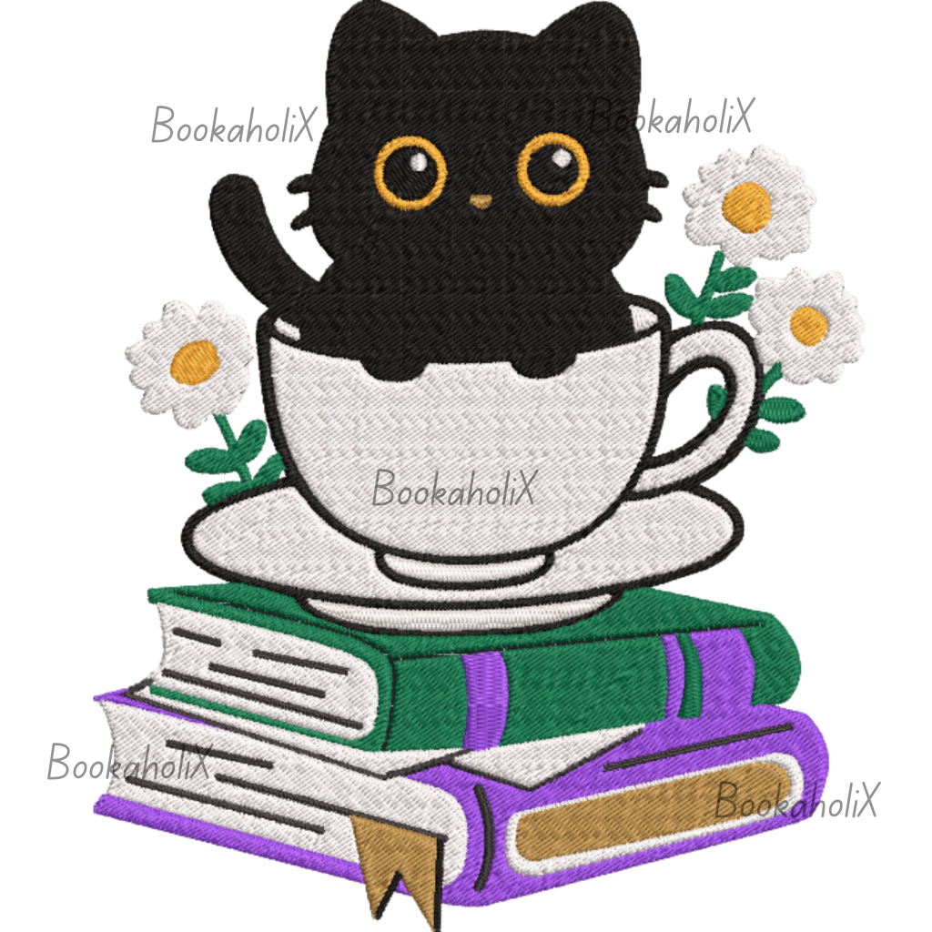 Cute Cat With Coffee And Book Embroidered Sweatshirt For Book Lovers