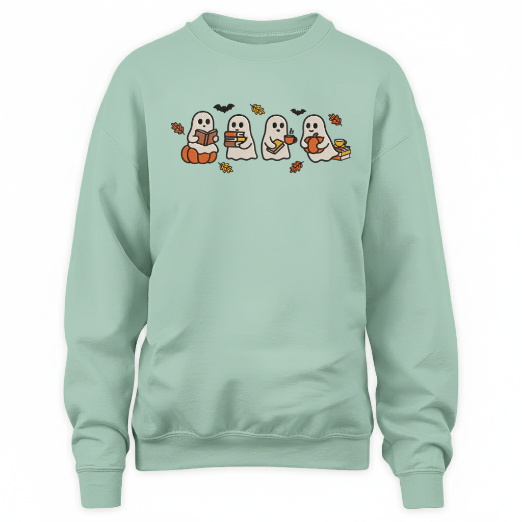 Cute Halloween Ghosts Reading Books Embroidered Sweatshirt For Book Lovers