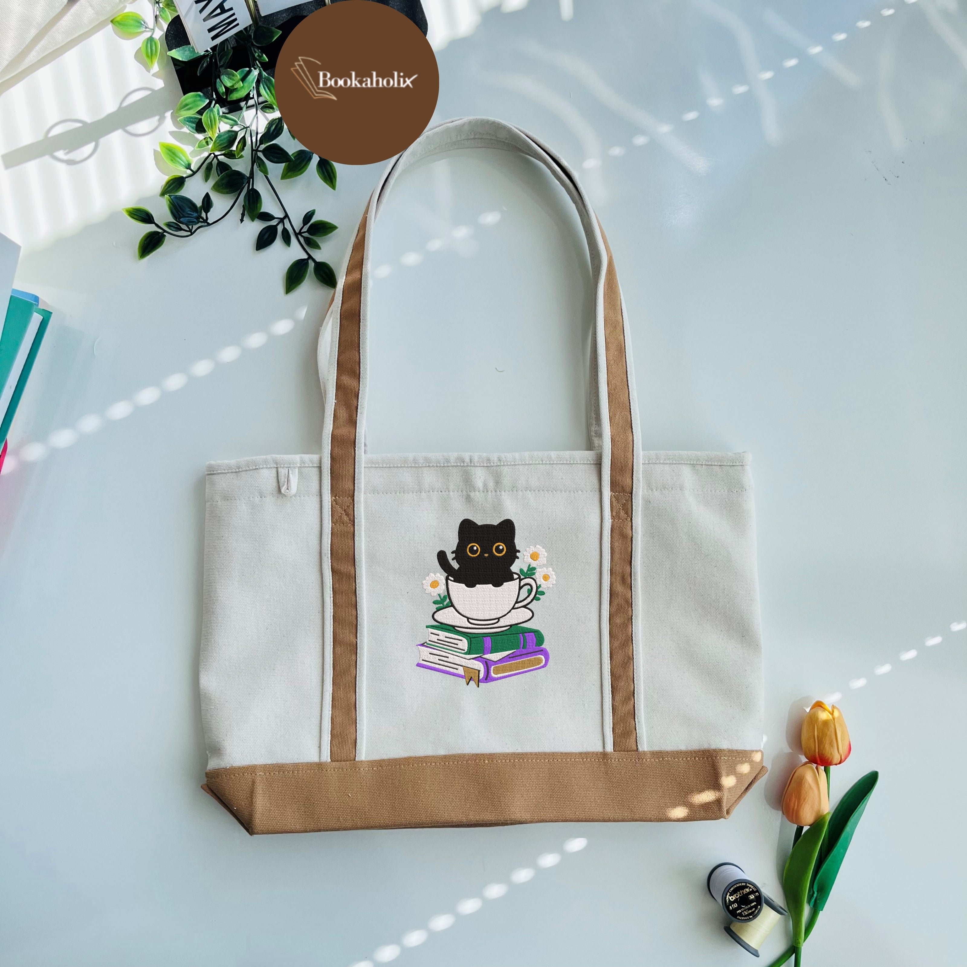 Cute Cat With Coffee And Book Embroidered Tote Bag For Book Lovers