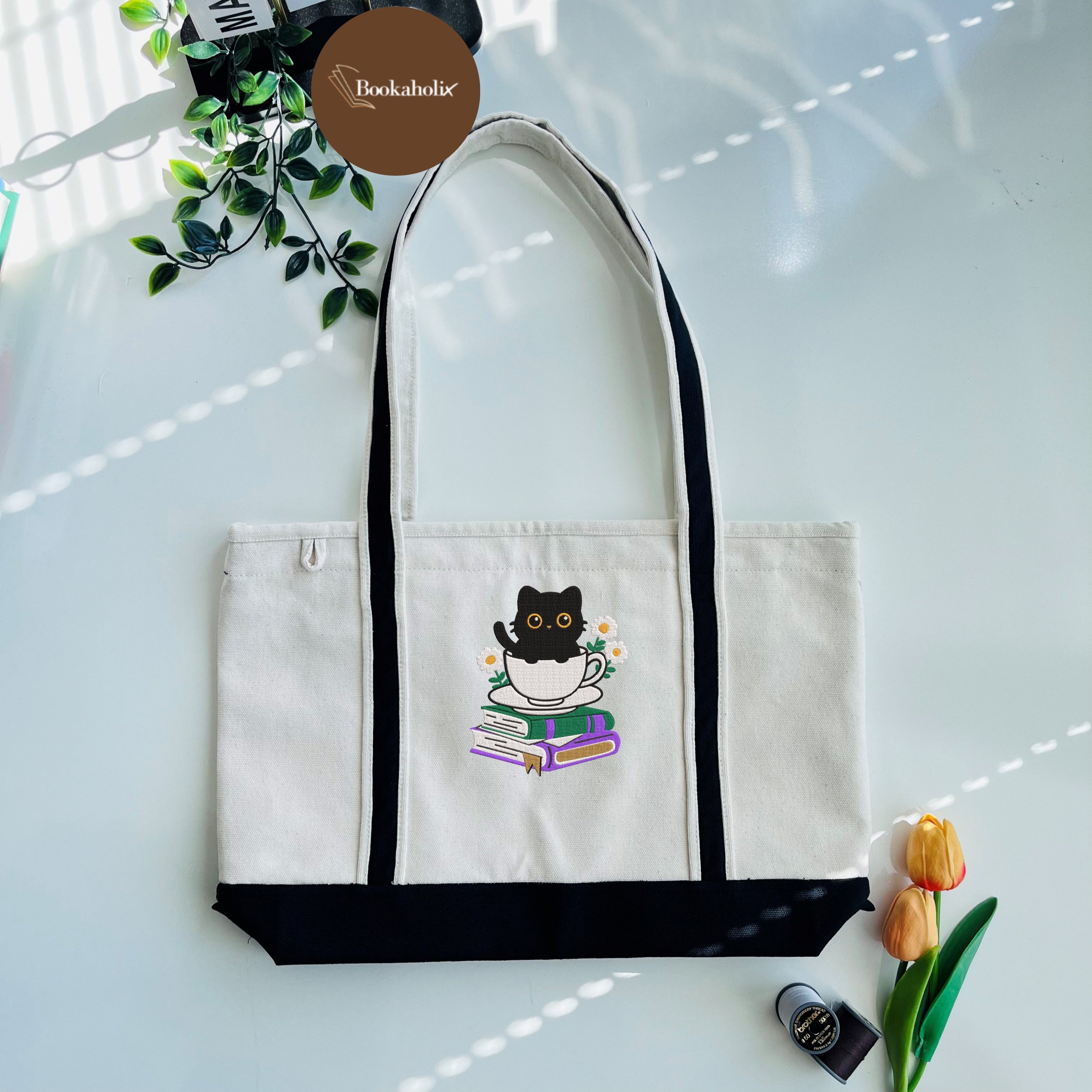 Cute Cat With Coffee And Book Embroidered Tote Bag For Book Lovers