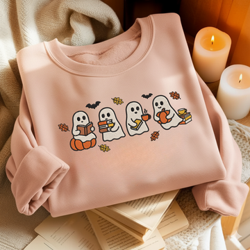 Cute Halloween Ghosts Reading Books Embroidered Sweatshirt For Book Lovers