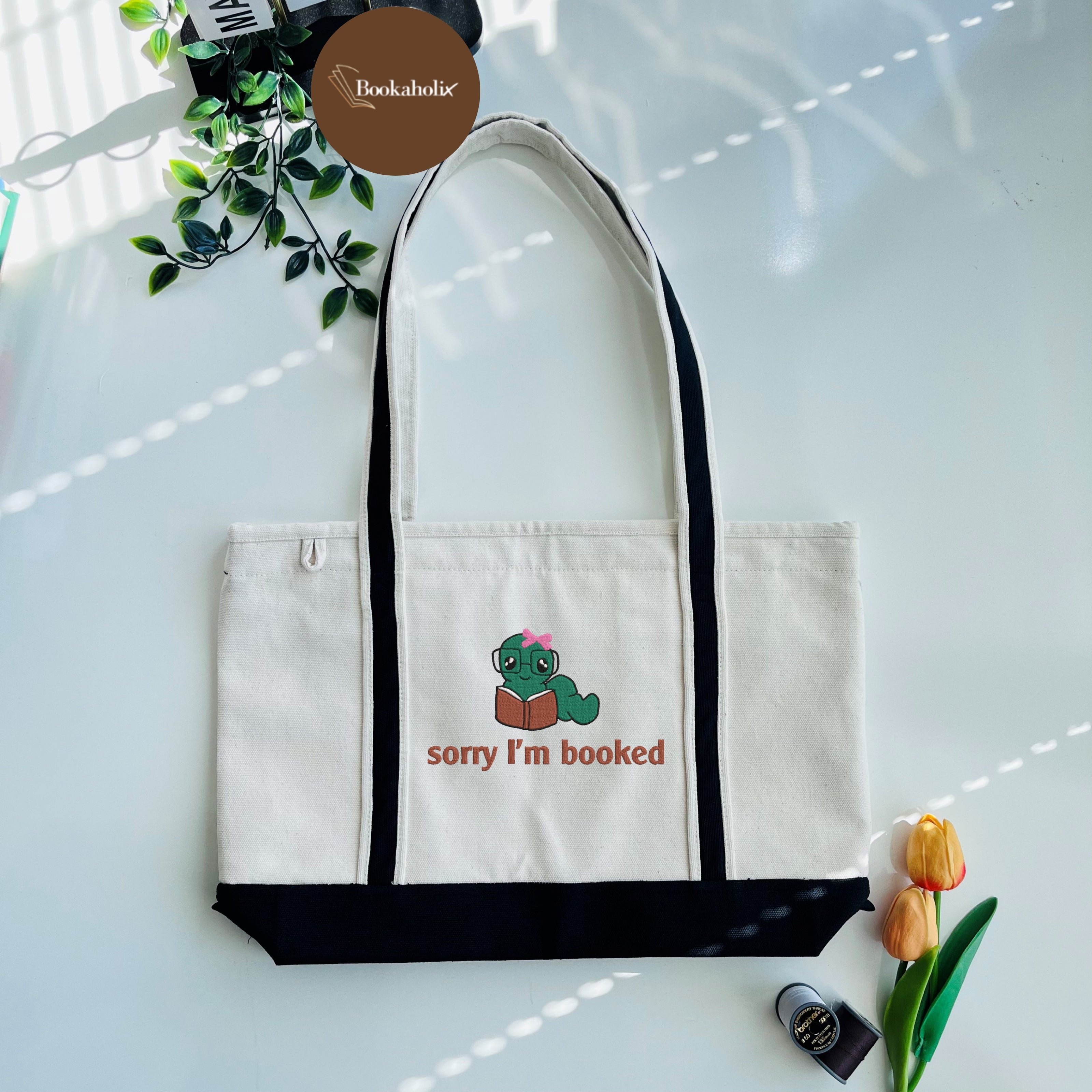 Bookworm - Sorry I'm Booked Embroidered Tote Bag For Book Lovers