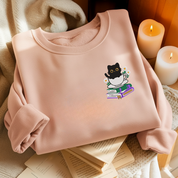 Cute Cat With Coffee And Book Embroidered Sweatshirt For Book Lovers