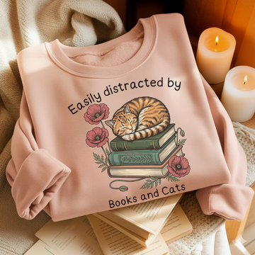 Easily Distracted By Books And Cats - BookCatEZSW01 - Crew Neck Sweatshirt