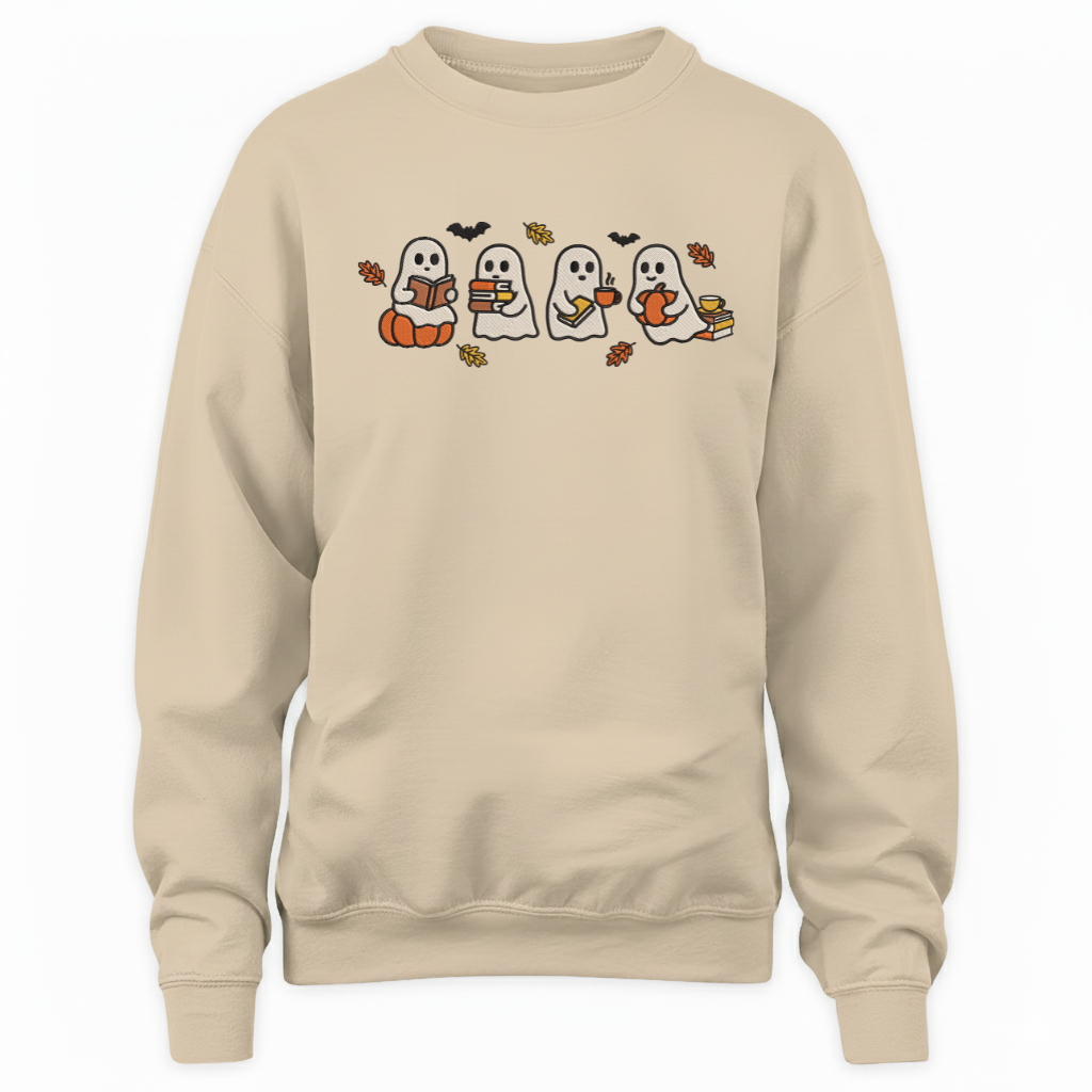 Cute Halloween Ghosts Reading Books Embroidered Sweatshirt For Book Lovers