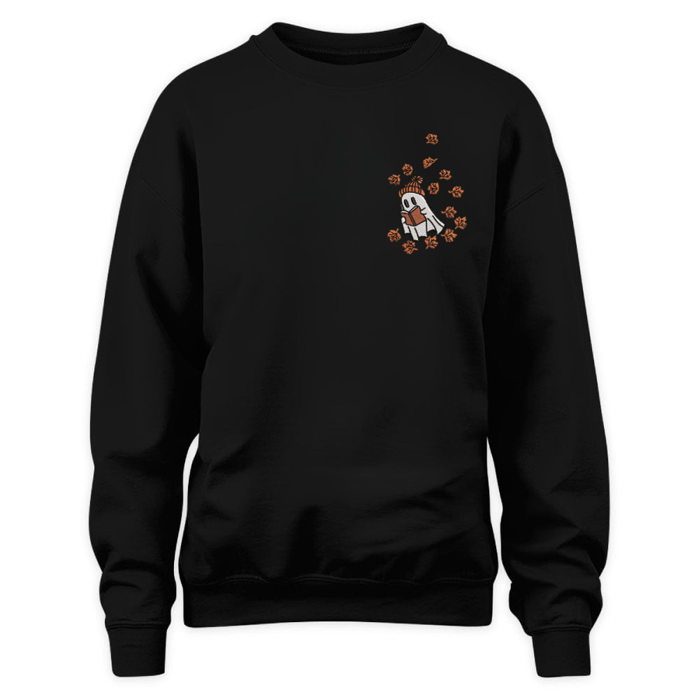 Cute Ghost Reading In Autumn Embroidered Sweatshirt For Book Lovers