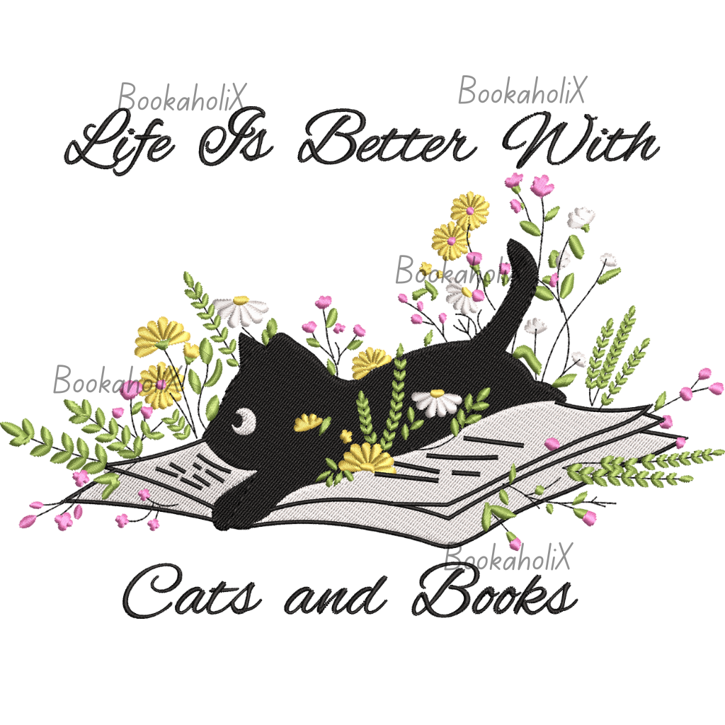 Cute Cat Lying On Book With Flower Embroidered Sweatshirt For Book Lovers