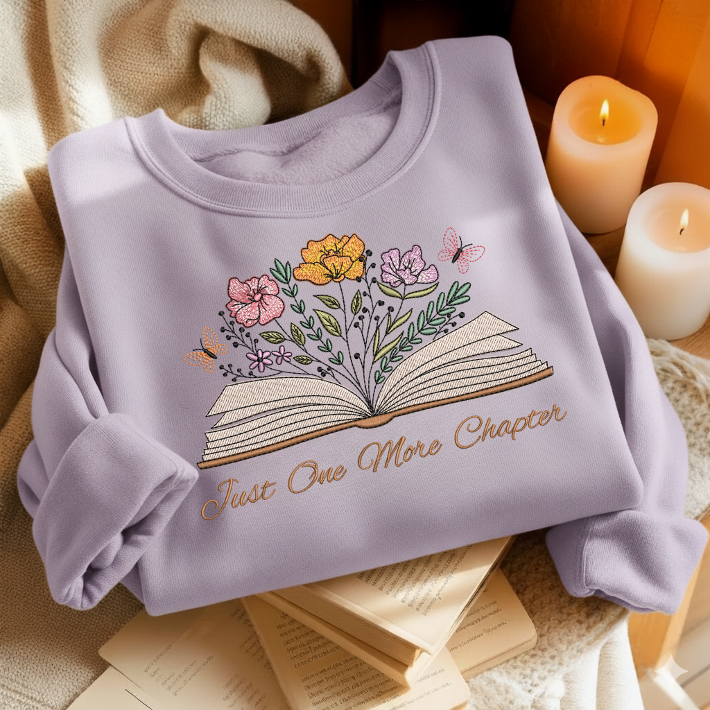 Just One More Chapter With Floral Embroidered Sweatshirt For Book Lovers