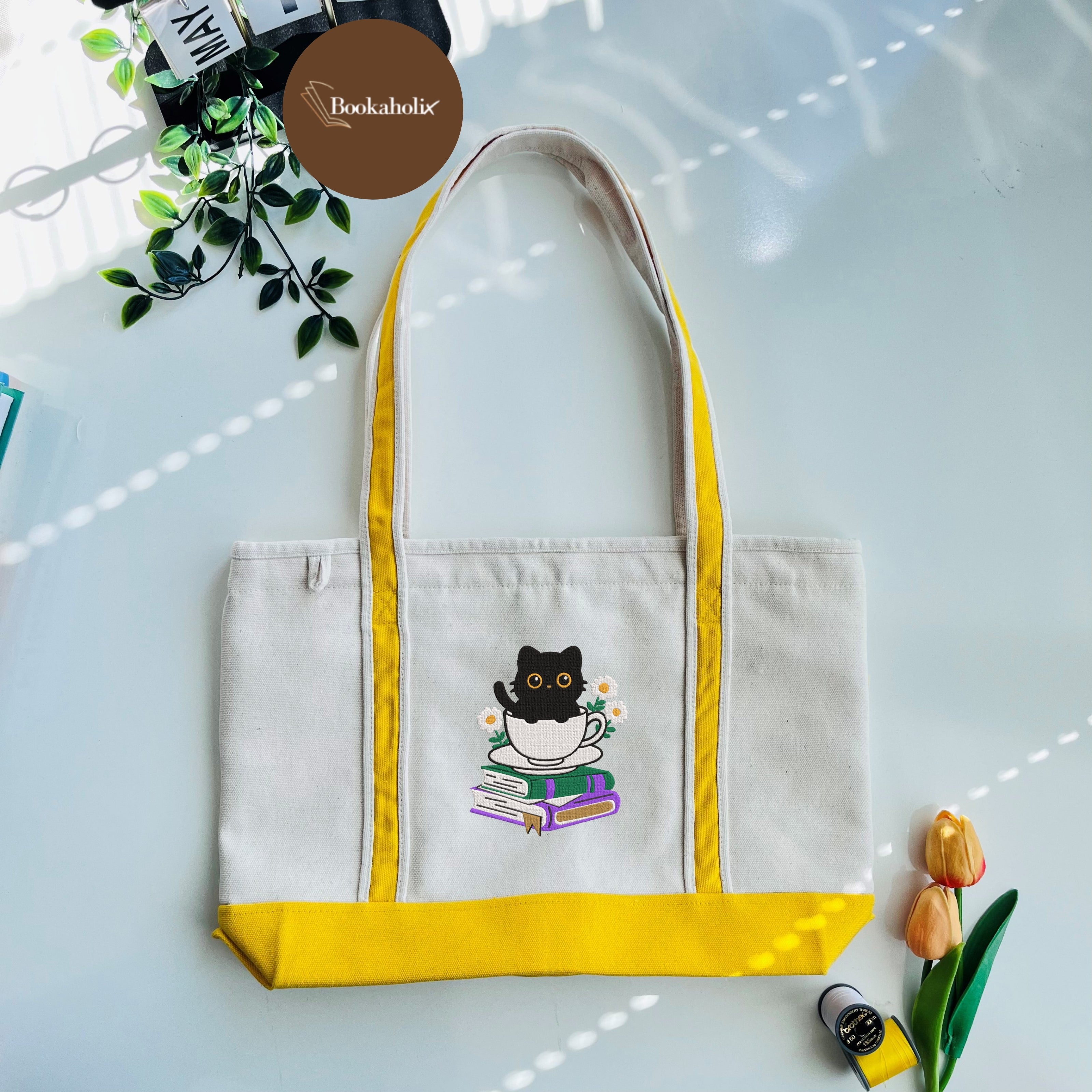 Cute Cat With Coffee And Book Embroidered Tote Bag For Book Lovers