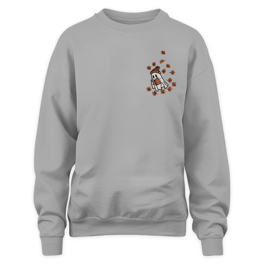 Cute Ghost Reading In Autumn Embroidered Sweatshirt For Book Lovers