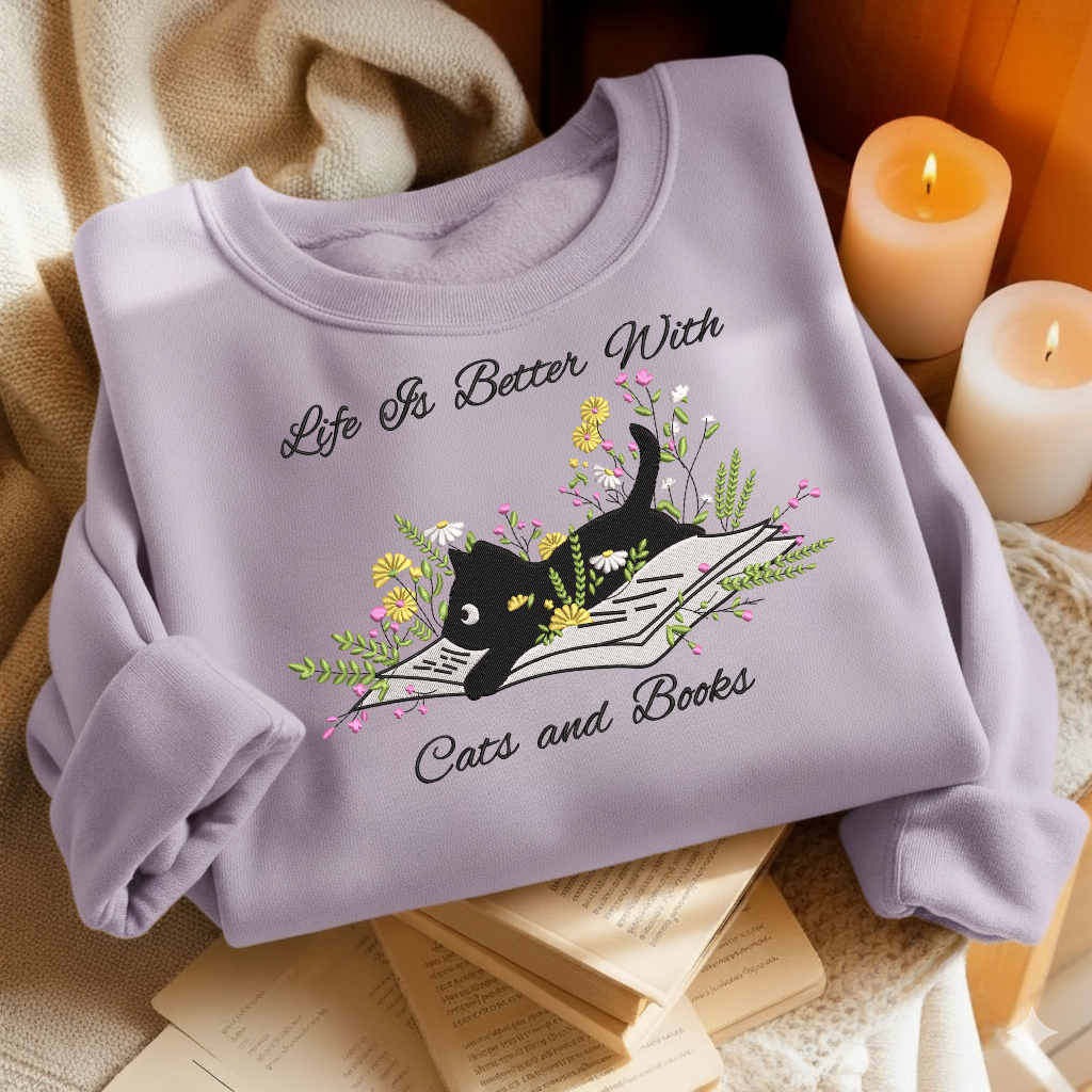 Cute Cat Lying On Book With Flower Embroidered Sweatshirt For Book Lovers