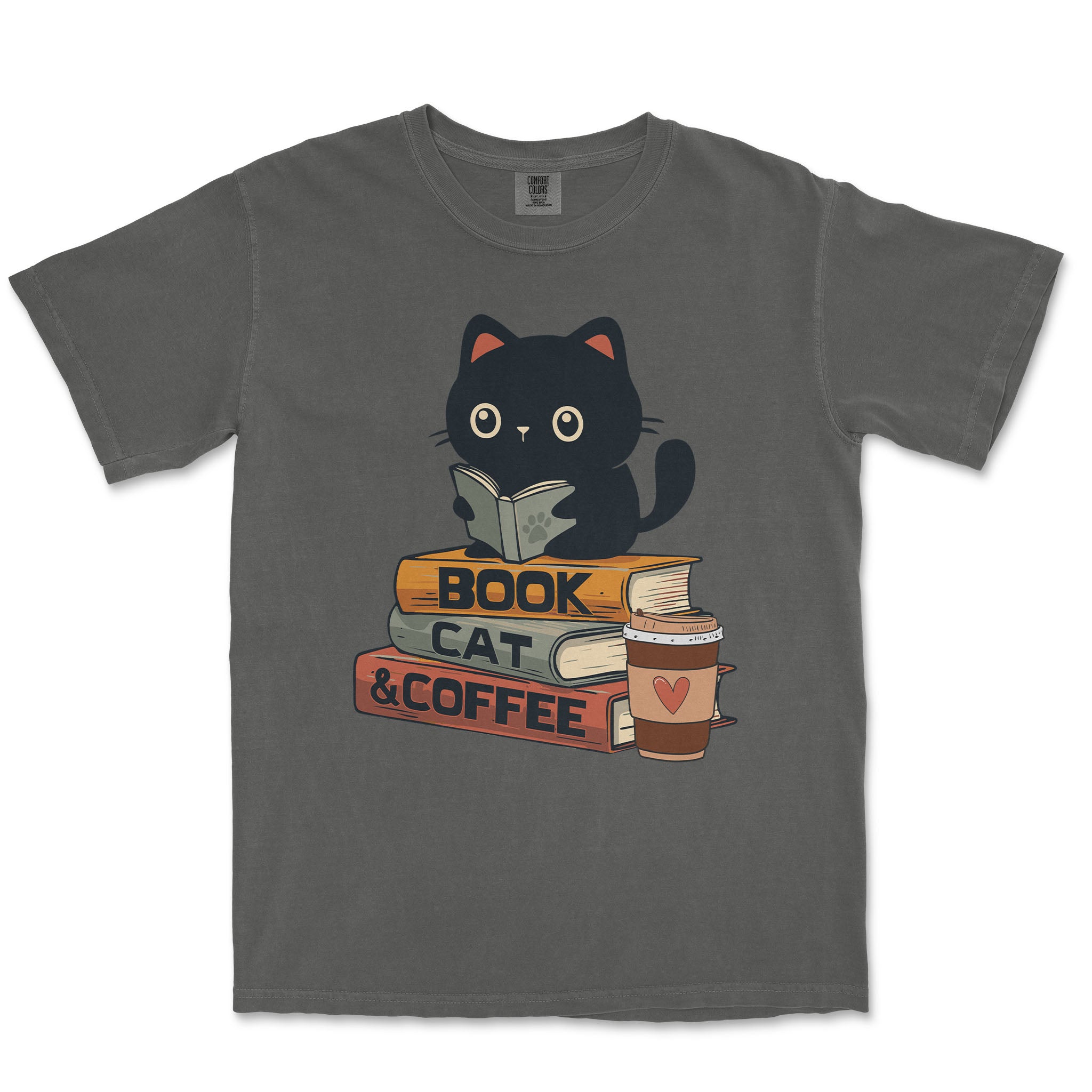 Book Cat And Coffee With Book Stack Comfort Colors T-Shirt