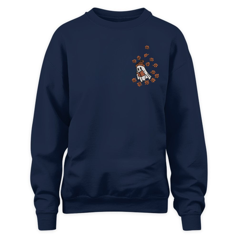 Cute Ghost Reading In Autumn Embroidered Sweatshirt For Book Lovers