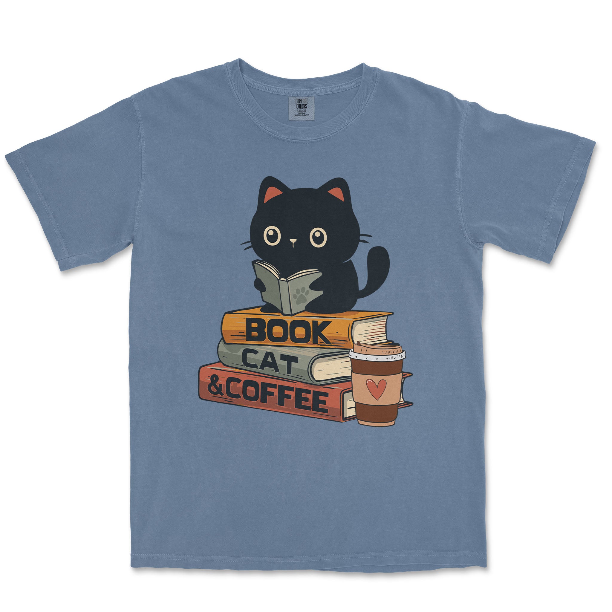 Book Cat And Coffee With Book Stack Comfort Colors T-Shirt