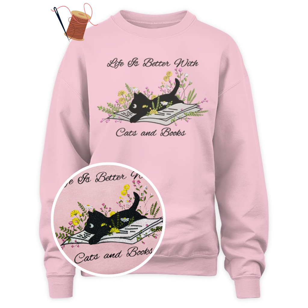 Cute Cat Lying On Book With Flower Embroidered Sweatshirt For Book Lovers