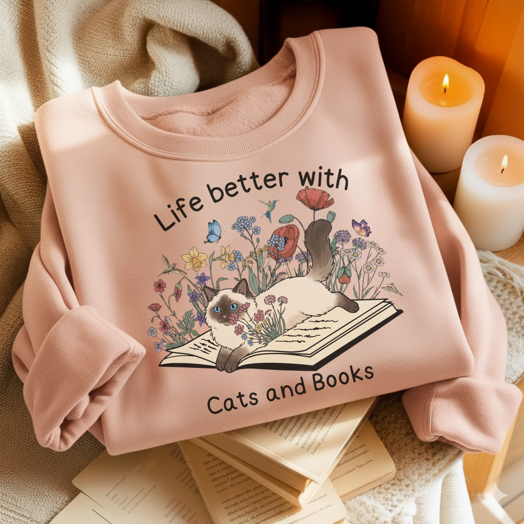 Life Better With Cat And Books - BookCatSW13- Crew Neck Sweatshirt