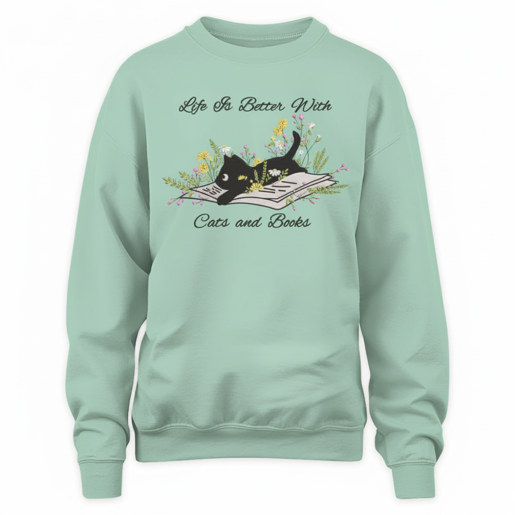 Cute Cat Lying On Book With Flower Embroidered Sweatshirt For Book Lovers