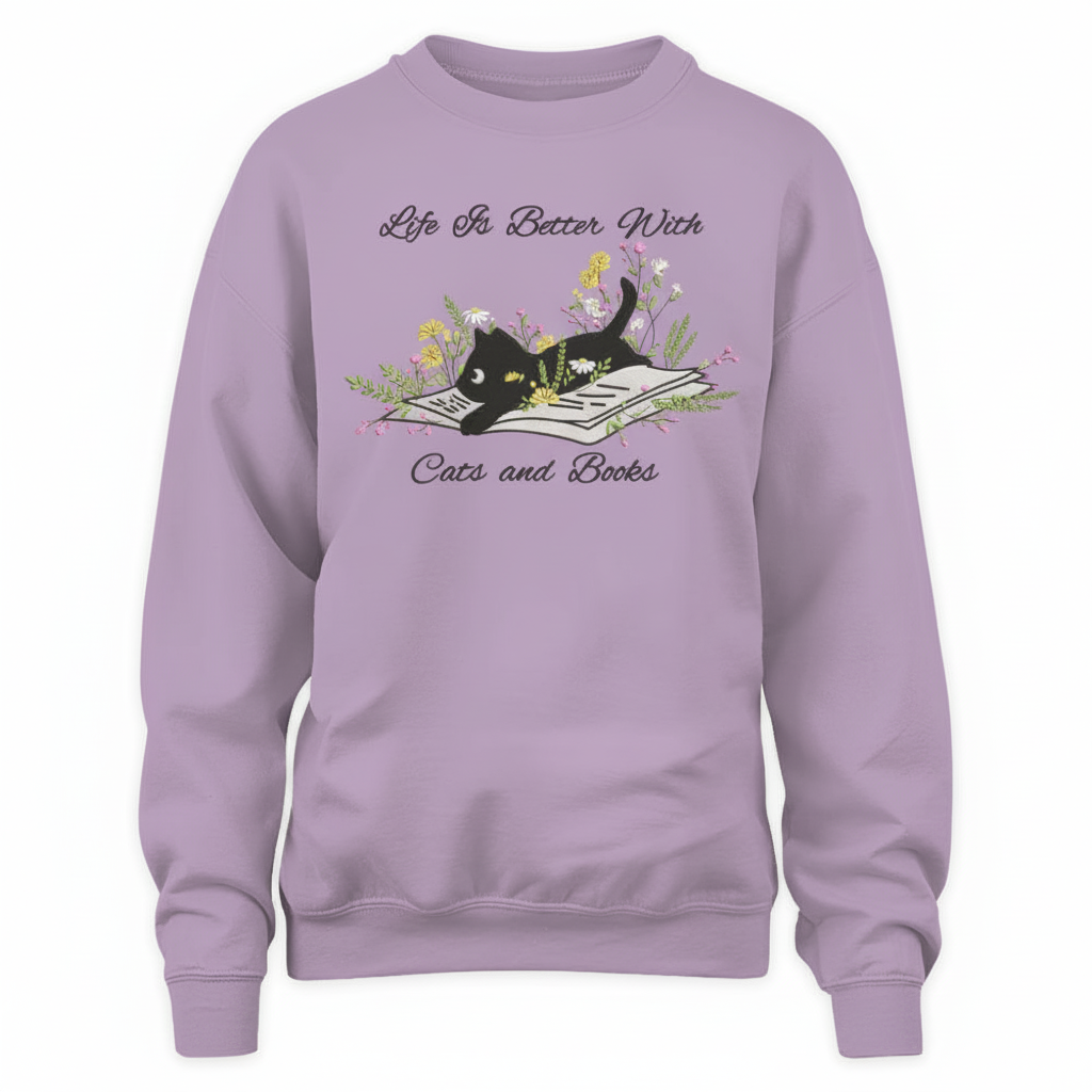 Cute Cat Lying On Book With Flower Embroidered Sweatshirt For Book Lovers