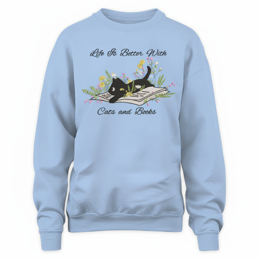 Cute Cat Lying On Book With Flower Embroidered Sweatshirt For Book Lovers
