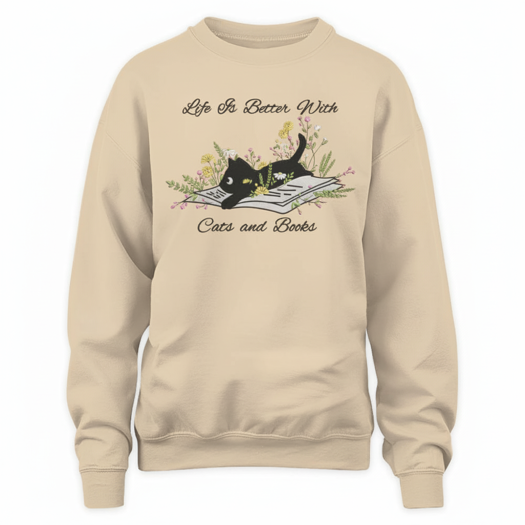 Cute Cat Lying On Book With Flower Embroidered Sweatshirt For Book Lovers