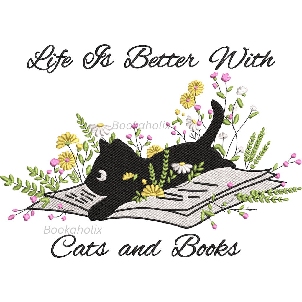 Cute Cat Lying On Book With Flower Embroidered Washed Shirt For Book Lovers