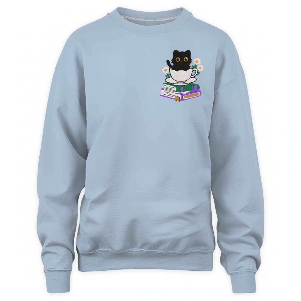 Cute Cat With Coffee And Book Embroidered Sweatshirt For Book Lovers