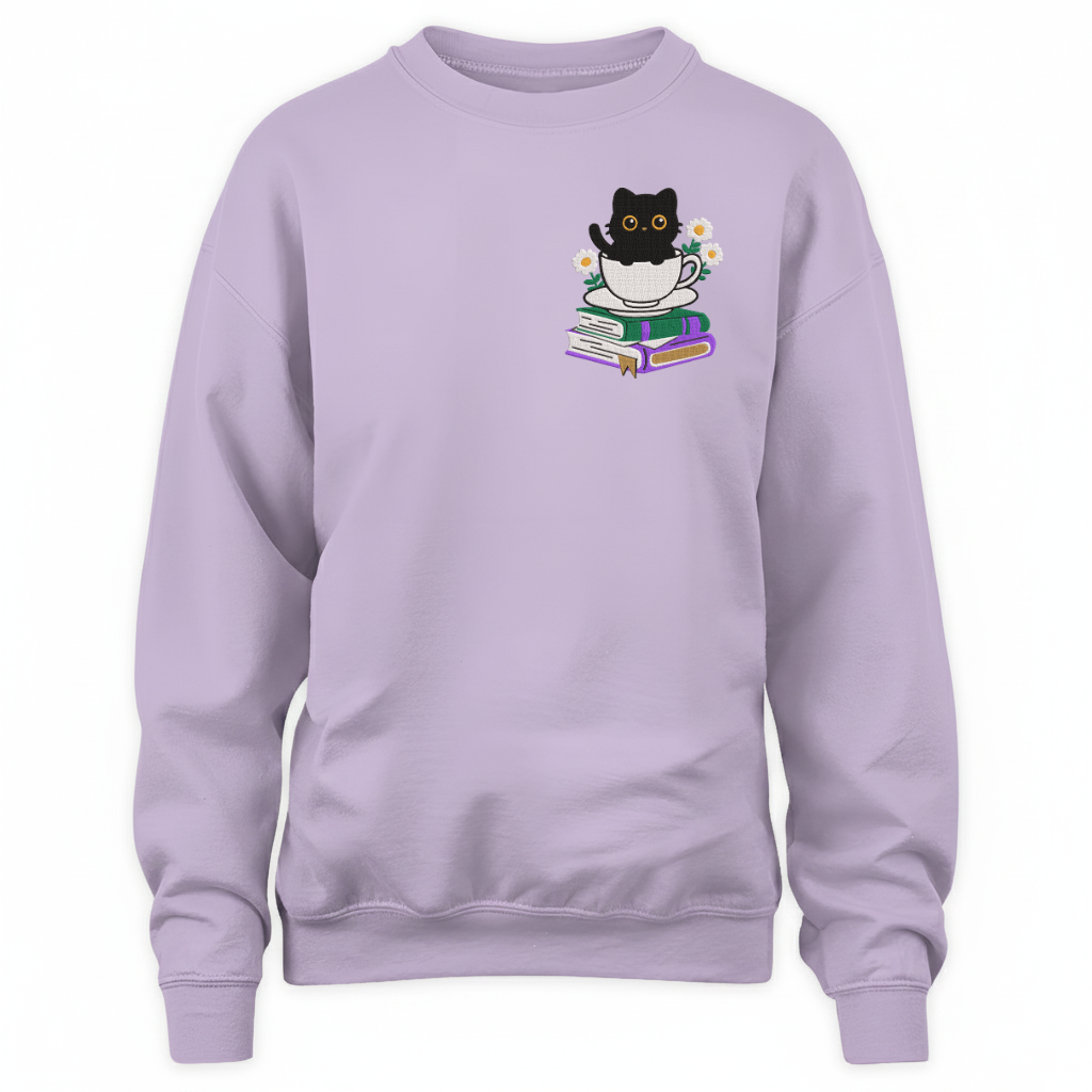 Cute Cat With Coffee And Book Embroidered Sweatshirt For Book Lovers