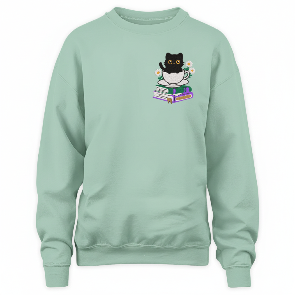 Cute Cat With Coffee And Book Embroidered Sweatshirt For Book Lovers