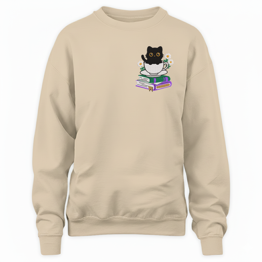 Cute Cat With Coffee And Book Embroidered Sweatshirt For Book Lovers