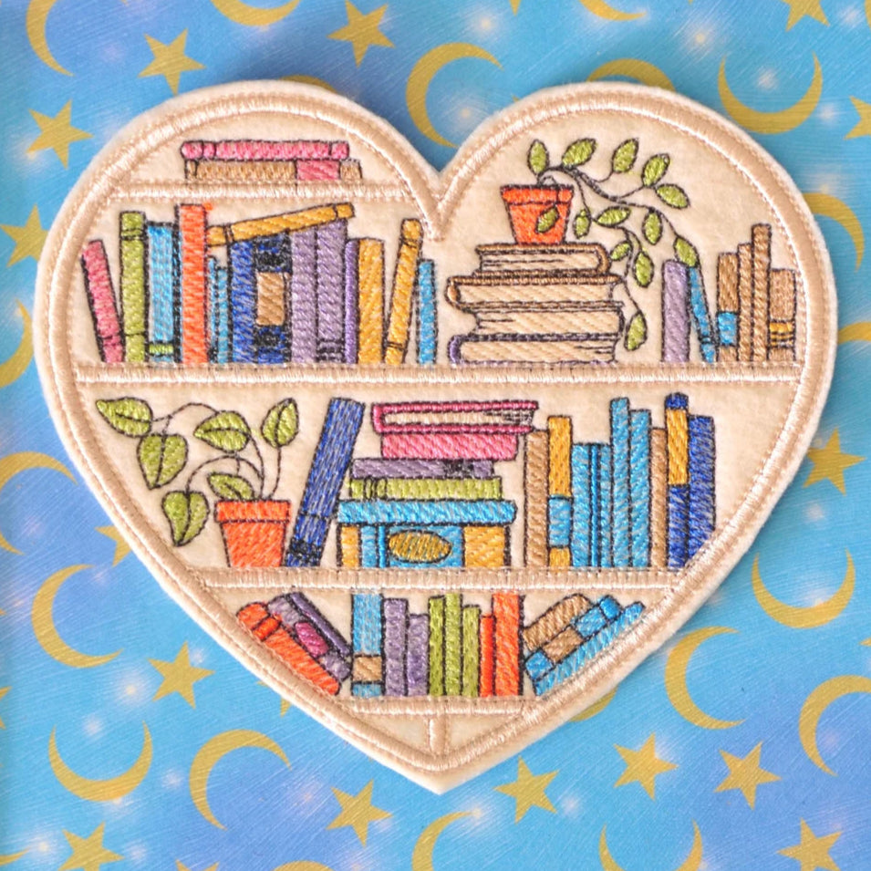 Heart Bookshelf  - Iron on Embroidery Patch for Book Lovers