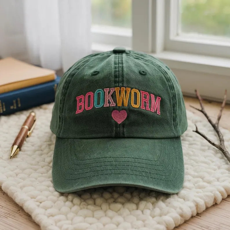 Vintage Bookworm Embroidered Washed Hat For Book Lovers