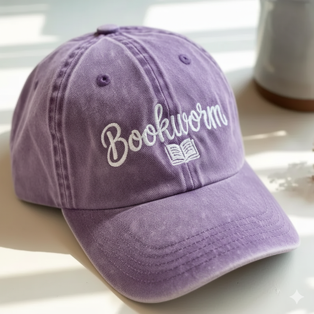 Bookworm Embroidered Washed Hat For Book Lovers